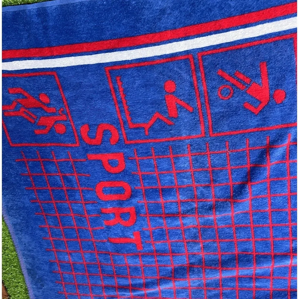 Vintage Beach Towel Red Blue Sports Theme Volleyball Soccer 27 x 56
